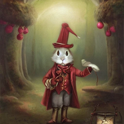 Cute and adorable rabbit bard, wearing coat and suit, fantasy, lantern, anthromorphic, Jean paptiste monge, oil painting