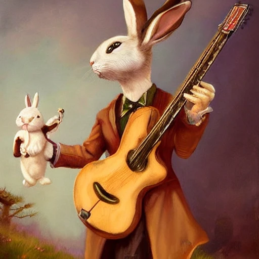 Cute and adorable rabbit bard, wearing coat and suit, fantasy, playing guitar, anthromorphic, Jean paptiste monge, oil painting, dungeons and dragons