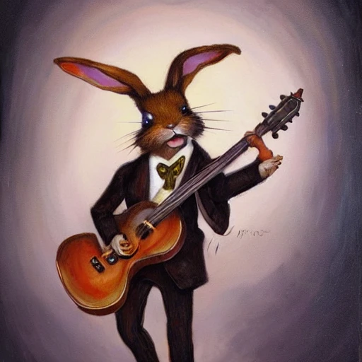 Cute and adorable rabbit bard, wearing coat and suit, fantasy, playing guitar, anthromorphic, Jean paptiste monge, oil painting, dungeons and dragons