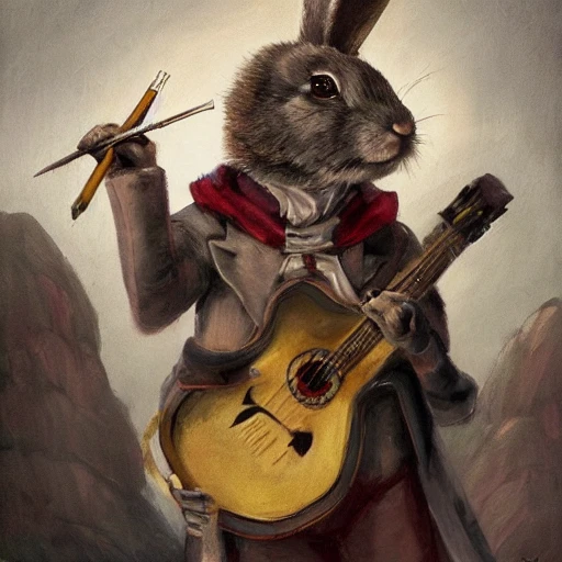 Cute and adorable rabbit bard adventurer, wearing coat and suit, fantasy, playing guitar, anthromorphic, Jean paptiste monge, oil painting, dungeons and dragons