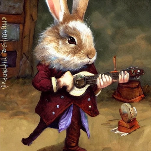 Cute and adorable rabbit bard adventurer, wearing coat and suit, fantasy, playing guitar, anthromorphic, Jean paptiste monge, oil painting, dungeons and dragons