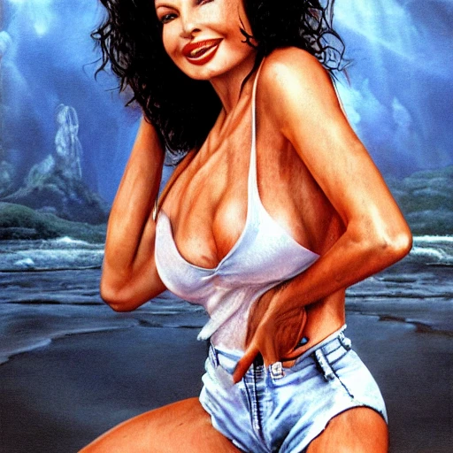Ultra Realistic high detailed  Full-Body Painting of beautiful sexy Fran Drescher, wet t-shirt, torn overalls, skimpy shorts, anorexia body, 35mm, Side-View, 8K, DCI-P3, Rim Lights, Natural Lighting, Beautiful Lighting, Screen Space Reflections, With Imperfections, VFX by Laurie Lipton and Lee Man Fong F/2.8, Closeup-View, look into camera