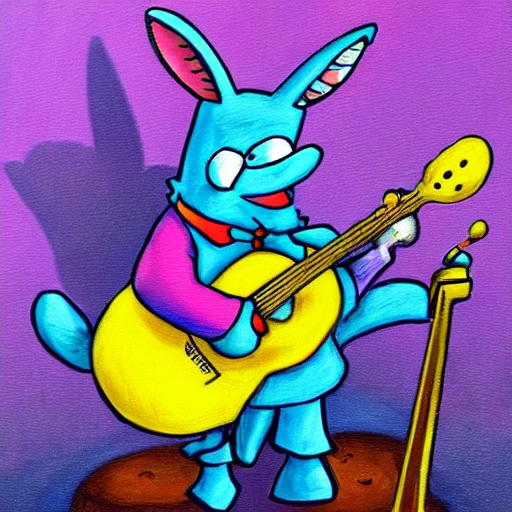 Cute and adorable spongebob rabbit bard adventurer, wearing coat and suit, fantasy, playing guitar, anthromorphic, Jean paptiste monge, oil painting, dungeons and dragons