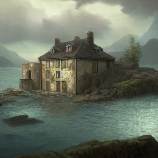 a typical european house with a slate roof, submerged under the water of the acean, school of fishes, scenic view, matte painting by christophe vacher and hubert robert, trending on artstation 