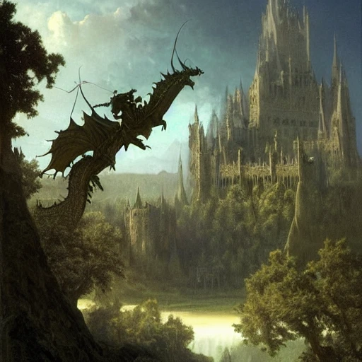 beautiful matte art of a big demonic castle in a serene landscape, a knight riding a dragon, by albert bierstadt, green grass, highly detailed, crystal lighting, mystical, forest, hyperrealistic, 4 k, unreal engine, magical, by joe fenton, by greg rutkowski, by greg tocchini, by kaws, by kate beaton, by kaethe butcher 