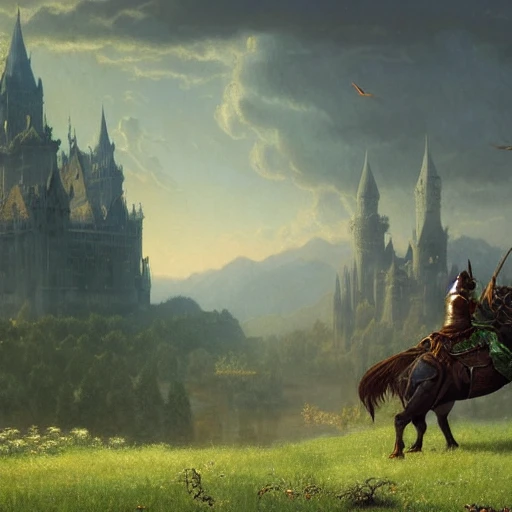 beautiful matte art of a big demonic castle in a serene landscape, a knight riding a dragon, by albert bierstadt, green grass, highly detailed, crystal lighting, mystical, forest, hyperrealistic, 4 k, unreal engine, magical, by joe fenton, by greg rutkowski, by greg tocchini, by kaws, by kate beaton, by kaethe butcher 