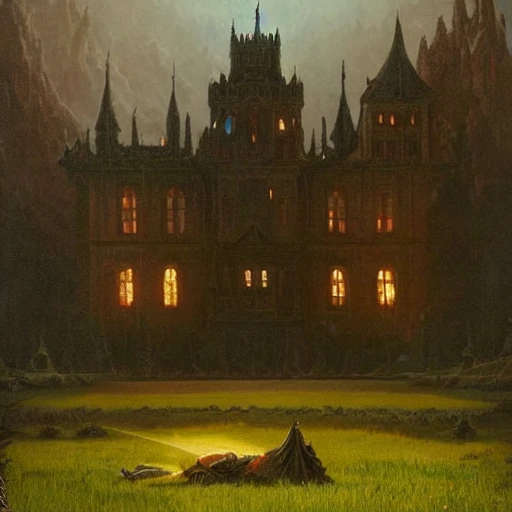 beautiful matte art of a big demonic castle in a serene landscape, demon, by albert bierstadt, green grass, highly detailed, crystal lighting, mystical, forest, hyperrealistic, 4 k, unreal engine, magical, by joe fenton, by greg rutkowski, by greg tocchini, by kaws, by kate beaton, by kaethe butcher 