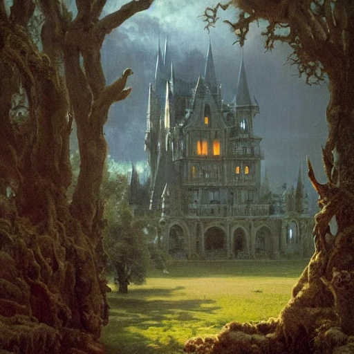 beautiful matte art of a big demonic castle in a serene landscape, demon, by albert bierstadt, green grass, highly detailed, crystal lighting, mystical, forest, hyperrealistic, 4 k, unreal engine, magical, by joe fenton, by greg rutkowski, by greg tocchini, by kaws, by kate beaton, by kaethe butcher 