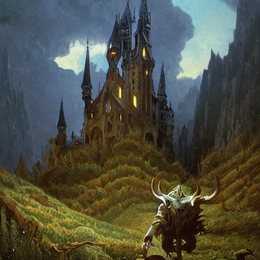 beautiful matte art of a big demonic castle in a serene landscape, mountains, gothic, demon, by albert bierstadt, green grass, highly detailed, crystal lighting, mystical, forest, hyperrealistic, 4 k, unreal engine, magical, by joe fenton, by greg rutkowski, by greg tocchini, by kaws, by kate beaton, by kaethe butcher 