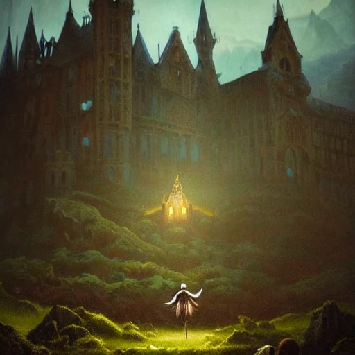 beautiful matte art of a big demonic castle in a serene landscape, mountains, gothic, demon, by albert bierstadt, green grass, highly detailed, crystal lighting, mystical, forest, hyperrealistic, 4 k, unreal engine, magical, by joe fenton, by greg rutkowski, by greg tocchini, by kaws, by kate beaton, by kaethe butcher 