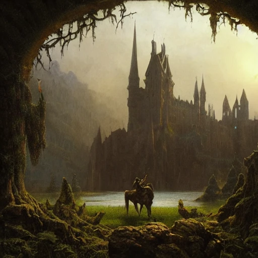 beautiful matte art of a big demonic castle in a serene landscape, mountains, gothic, demon, by albert bierstadt, green grass, highly detailed, crystal lighting, mystical, forest, hyperrealistic, 4 k, unreal engine, magical, by joe fenton, by greg rutkowski, by greg tocchini, by kaws, by kate beaton, by kaethe butcher 