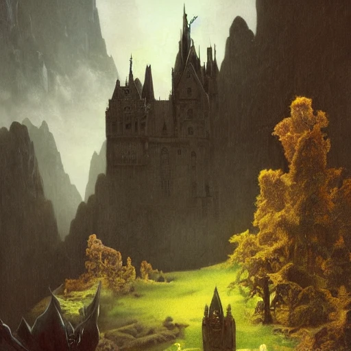 beautiful matte art of a big demonic castle in a serene landscape, mountains, gothic, demon, by albert bierstadt, green grass, highly detailed, crystal lighting, mystical, forest, hyperrealistic, 4 k, unreal engine, magical, by joe fenton, by greg rutkowski, by greg tocchini, by kaws, by kate beaton, by kaethe butcher 