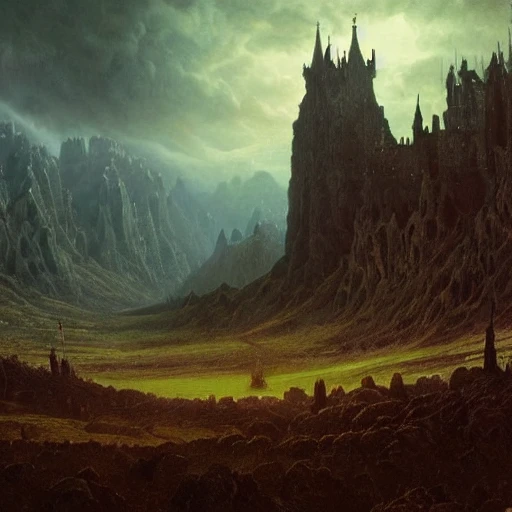 beautiful matte art of a big demonic castle in a blasted landscape, mountains, gothic, demon, by albert bierstadt, green grass, highly detailed, crystal lighting, mystical, forest, hyperrealistic, 4 k, unreal engine, magical, by joe fenton, by greg rutkowski, by greg tocchini, by kaws, by kate beaton, by kaethe butcher 