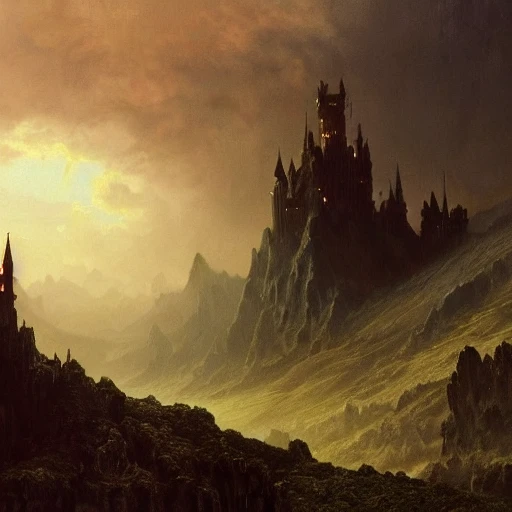 beautiful matte art of a big demonic castle in a blasted landscape, mountains, gothic, demon, by albert bierstadt, green grass, highly detailed, crystal lighting, mystical, forest, hyperrealistic, 4 k, unreal engine, magical, by joe fenton, by greg rutkowski, by greg tocchini, by kaws, by kate beaton, by kaethe butcher 