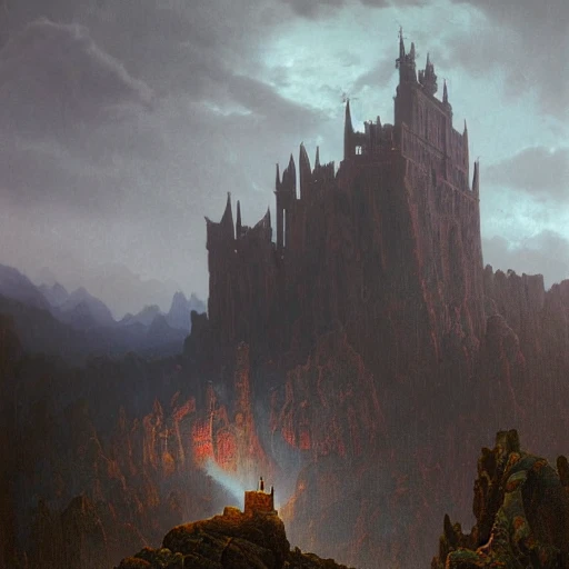 beautiful matte art of a big demonic castle in a blasted landscape, mountains, gothic, demon, by albert bierstadt, red rocks, highly detailed, crystal lighting, mystical, forest, hyperrealistic, 4 k, unreal engine, magical, by joe fenton, by greg rutkowski, by greg tocchini, by kaws, by kate beaton, by kaethe butcher 