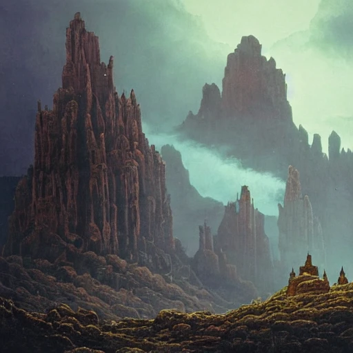 beautiful matte art of a blasted landscape, ruins, mountains, gothic, demon, by albert bierstadt, red rocks, spire, highly detailed, crystal lighting, mystical, forest, hyperrealistic, 4 k, unreal engine, magical, by joe fenton, by greg rutkowski, by greg tocchini, by kaws, by kate beaton, by kaethe butcher 