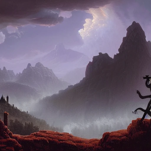 beautiful matte art of a blasted landscape, ruins, mountains, gothic, demon, by albert bierstadt, red rocks, spire, highly detailed, crystal lighting, mystical, forest, hyperrealistic, 4 k, unreal engine, magical, by joe fenton, by greg rutkowski, by greg tocchini, by kaws, by kate beaton, by kaethe butcher 