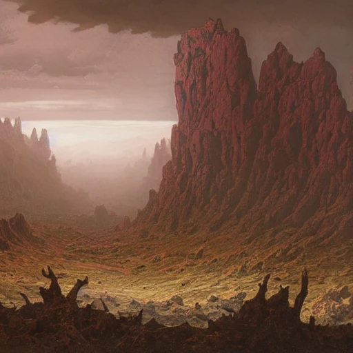 beautiful matte art of a blasted landscape, rocky plains, gothic, demon, by albert bierstadt, red rocks, spire, highly detailed, crystal lighting, mystical, forest, hyperrealistic, 4 k, unreal engine, magical, by joe fenton, by greg rutkowski, by greg tocchini, by kaws, by kate beaton, by kaethe butcher 