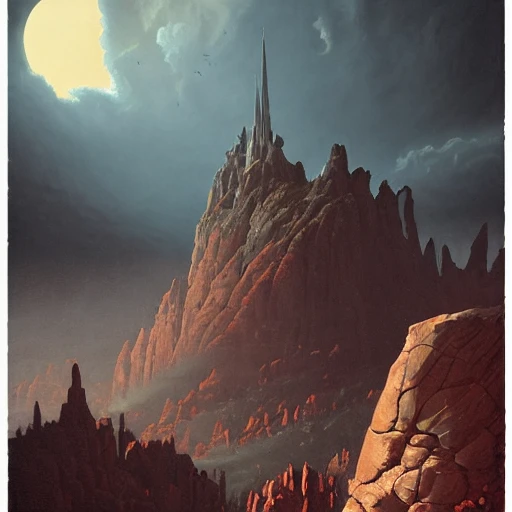 beautiful matte art of a blasted landscape, rocky plains, gothic, demon, by albert bierstadt, red rocks, spire, highly detailed, crystal lighting, hyperrealistic, 4 k, unreal engine, magical, by joe fenton, by greg rutkowski, by greg tocchini, by kaws, by kate beaton, by kaethe butcher 