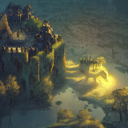 overhead RPG battlemap of a stone fort sitting above a swamp in the sunset, dramatic lighting by alan lee by peter mohrbacher, trending on artstation sharp focus vfx key shot