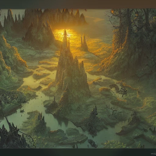 overhead RPG battlemap of a swamp in the sunset, dramatic lighting by alan lee by peter mohrbacher, trending on artstation sharp focus vfx key shot