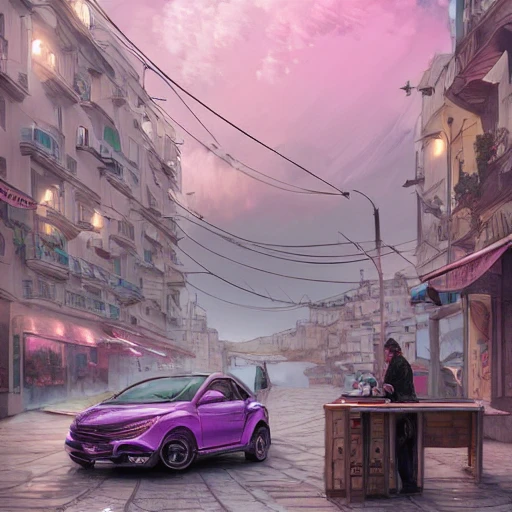 Downtown of an island city resembling Thessaloniki, positano, and Genova at afternoon, cold city, winter, cyberpunk cars, purple sky, sweet clouds, intricate, elegant, highly detailed, digital painting, artstation, concept art, smooth, sharp focus, art by krenz cushart and artem demura and alphonse mucha,, Pencil Sketch