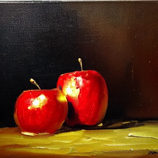 An apple melts on a frying pan.  Oil painting.