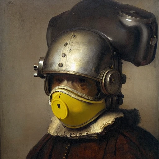 Rembrandt Self portrait, respiration mask, helmet, mechanical, hi-tech, cyborg, robot, tubes, fluids, neons, realistic, HD, highly detailed, by Rembrandt