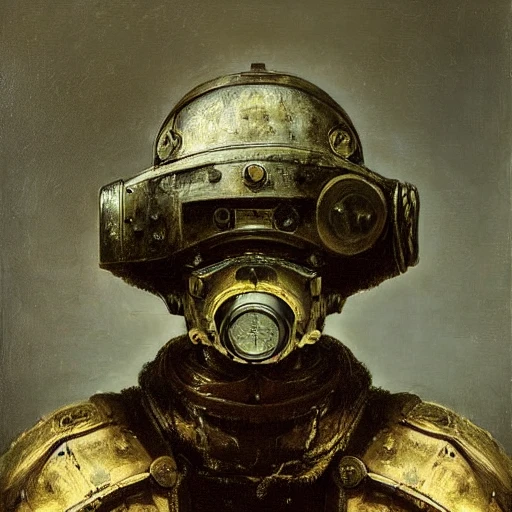 Rembrandt Self portrait, respiration mask, helmet, mechanical, hi-tech, cyborg, robot, tubes, fluids, neons, realistic, HD, highly detailed, by Rembrandt