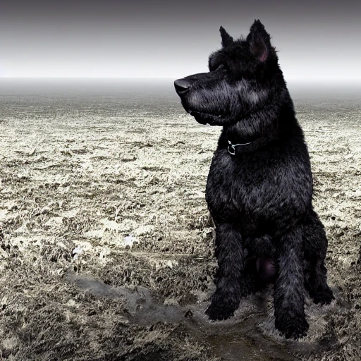 Ultra Realistic high detailed color Photo of dog of war big sized dog breed Bouvier des Flandres with a fur black color standing on a muddy foggy battlefield of world war one in France with trench and barbed wires,  K9, wearing military grade shatterproof vest and panniers,  Concept Art, sharp focus, 35mm, Side-View, 8K, DCI-P3, Dynamic Natural Lighting, Screen Space Reflections, With Imperfections, VFX, Fong F/2.8, Wildlife Photography, War Photography, landscape, vintage, 1920, Panorama