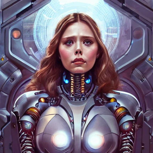 Ultra realistic illustration, Elizabeth Olsen as cyborg woman , cyberpunk, sci-fi, fantasy, intricate, elegant, highly detailed, digital painting, artstation, concept art, smooth, sharp focus, illustration, art by artgerm and greg rutkowski and alphonse mucha