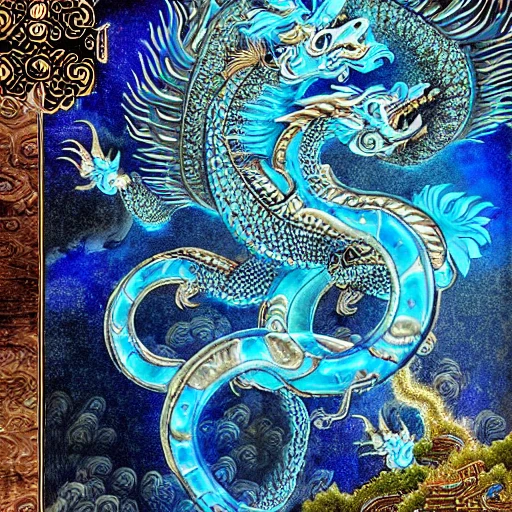 Highly detailed design of a beautiful blue ancient Chinese mythical noble dragon with cloud surrounds, swirling fog, sparkling scales, beautiful eyes. by the beautiful lake, gold and gems, chinese mythology style, bioluminescence, shine, glow effect, wallpaper, by fenghua zhong, guangjian huang, zhelong xu, tianhua xu, peter mohrbacher, ruan jia, liuyuan lange, qiugu yingyi , ayami kojima, joseph leyendecker, victo ngai, octane rendering, cinematic lighting 8k, hd --ar 9:16 --test --creative  --v 3