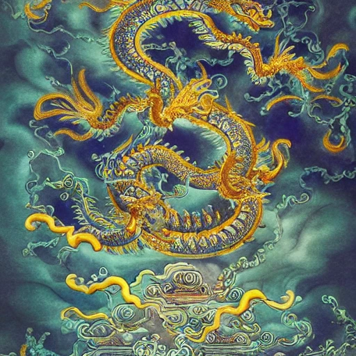 Highly detailed design of a beautiful blue ancient Chinese mythical noble dragon with cloud surrounds, swirling fog, sparkling scales, beautiful eyes. by the beautiful lake, gold and gems, chinese mythology style, bioluminescence, shine, glow effect, wallpaper, by fenghua zhong, guangjian huang, zhelong xu, tianhua xu, peter mohrbacher, ruan jia, liuyuan lange, qiugu yingyi , ayami kojima, joseph leyendecker, victo ngai, octane rendering, cinematic lighting 8k, hd --ar 9:16 --test --creative  --v 3, Cartoon, 3D