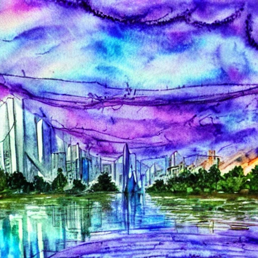 nature covered sci-fi city, magical, Water Color, Water Color, Water Color, Water Color