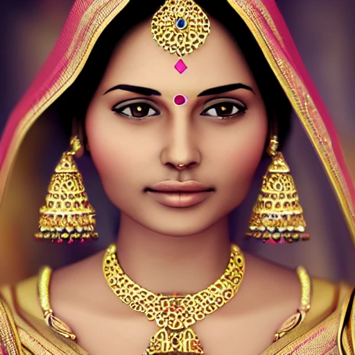 beautiful indian woman looking at camera, ultra realistic, 3D, minimal jewelry