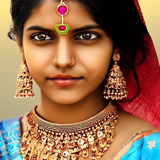 beautiful full face indian woman looking at camera, ultra realistic, 3D, minimal jewelry