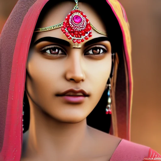 beautiful full face indian woman looking at camera, ultra realistic, 3D, no jewelry