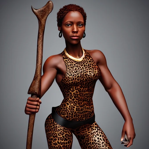 ULTRA REALISTIC, beautiful full bodied, muscular african woman warrior, looking at camera, holding a spear and wearing a leopard skin