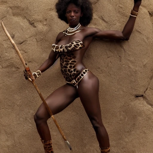 ULTRA REALISTIC, beautiful full bodied, muscular african woman warrior, looking at camera, holding a spear and wearing a leopard skin skirt