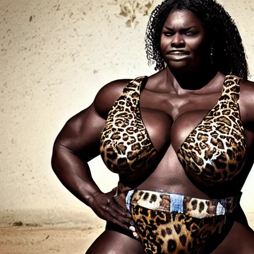 ULTRA REALISTIC, big, beautiful, muscular african woman warrior, with thick thighs, looking at camera, holding a spear and wearing a leopard skin skirt