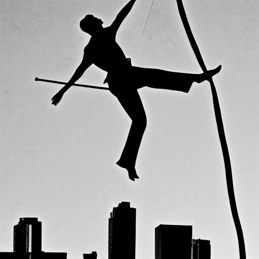 photorealistic tightrope walker, on skyscrape , black & white