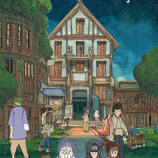 a ghibli style portrait in front of a city of an old man 