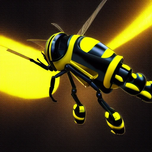 wasp robot, astronaut wasp, black and yellow, futuristic, 3D, in the space, fear
