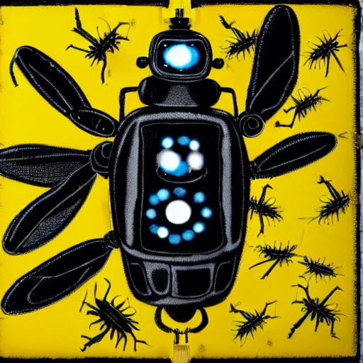 avispa robot, insecto amarillo y negro, surrealista


