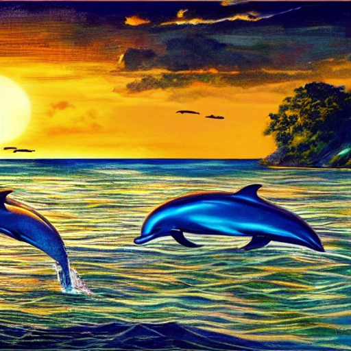 an office with dolphins, at the sea with a sunset
