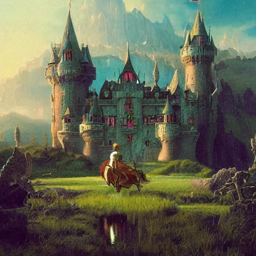 beautiful matte art of a big castle in a serene landscape, a knight riding a dragon, by albert bierstadt, green grass, highly detailed, crystal lighting, mystical, forest, hyperrealistic, 32k, unreal engine, magical, by joe fenton, by greg rutkowski, by greg tocchini, by kaws, by kate beaton, by kaethe butcher, hyperdetailed, 32k resolution 