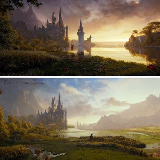 beautiful matte art of a big castle in a serene landscape, a knight riding a dragon, by albert bierstadt, green grass, highly detailed, crystal lighting, mystical, forest, hyperrealistic, 32k, unreal engine, magical, by joe fenton, by greg rutkowski, by greg tocchini, by kaws, by kate beaton, by kaethe butcher, hyperdetailed, 32k resolution, very sharp image