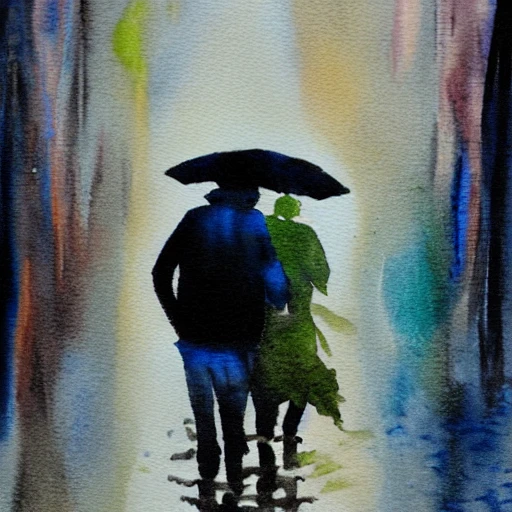 Woman and man walking in the rain., Water Color