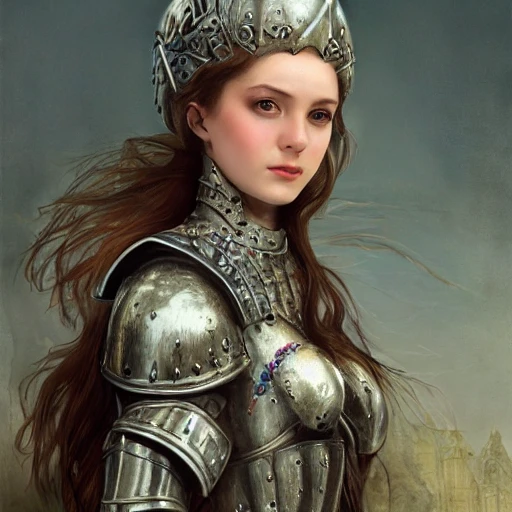 charming female knight, {{beautifully and detailed face}}, {{beautiful detailed upper body}}, upper body, focus on female, {{extremely detailed armor}}, {{masterpiece}}, smiling softly, metal, best quality, extremely detailed HD wallpaper, realism, 8k, by John Collier