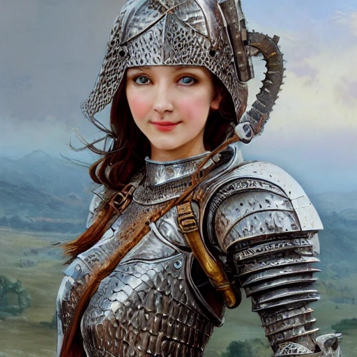 charming female knight, {{beautifully and detailed face}}, {{beautiful detailed upper body}}, upper body, focus on female, {{extremely detailed armor}}, {{masterpiece}}, smiling softly, metal, best quality, extremely detailed HD wallpaper, realism, 8k, by John Collier